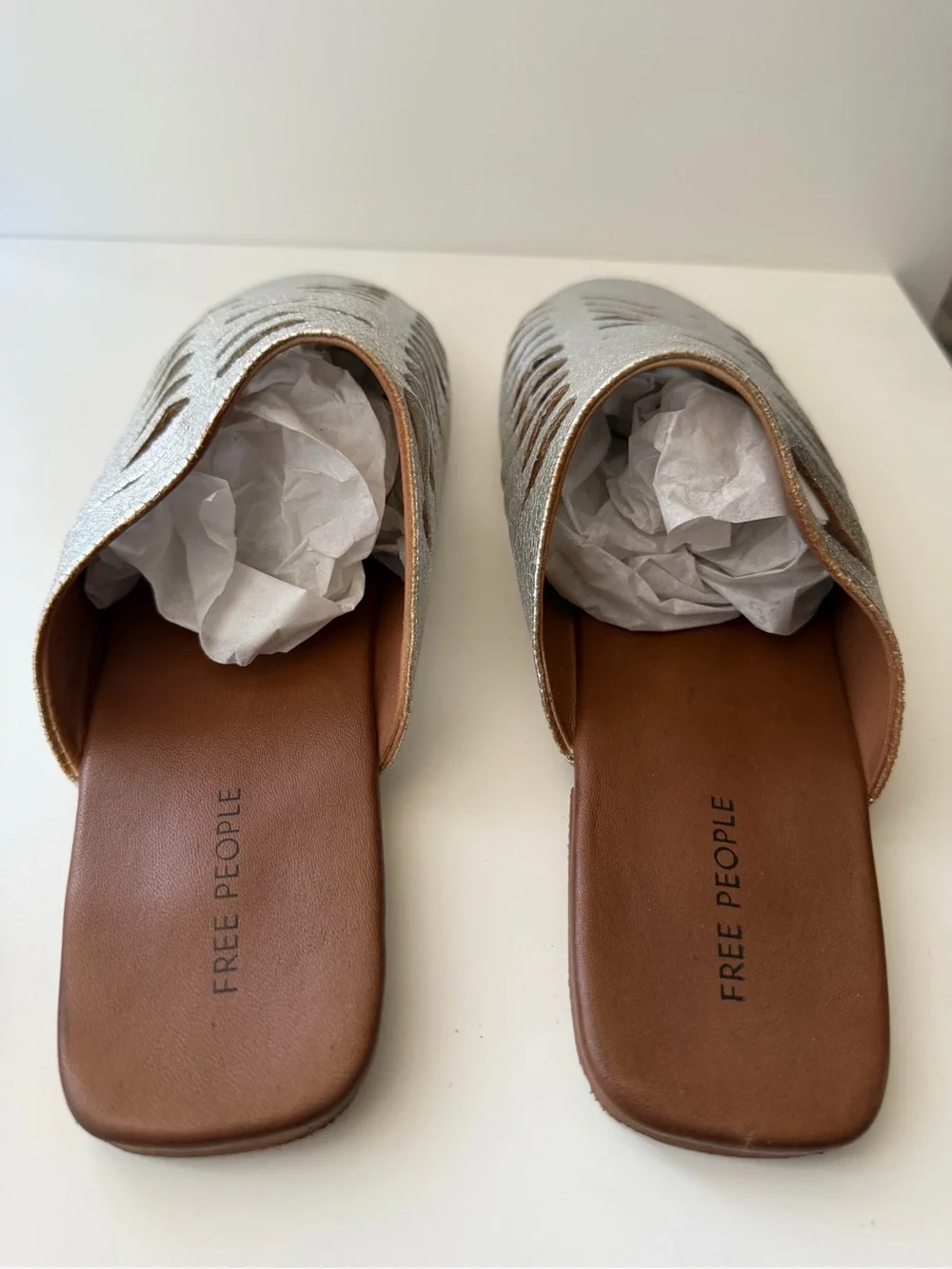 Free People Slice of Sun Silver Leather Cutout Mule Flats - Size 7.5 NWT